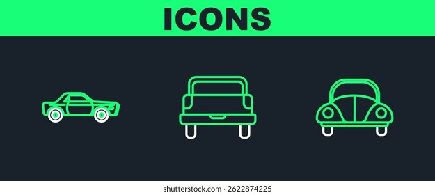 Set line Car, Sedan car and Pickup truck icon. Vector