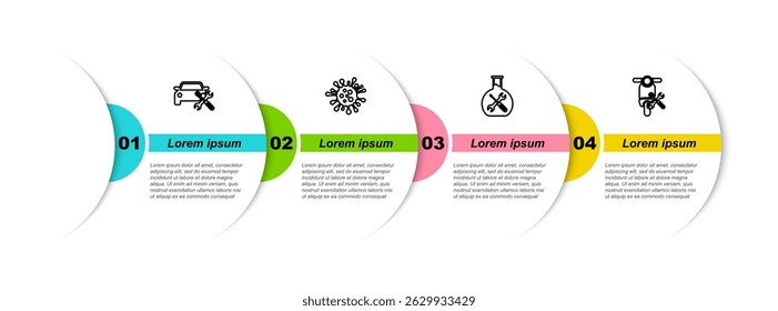 Set line Car service, Bacteria, Bioengineering and Scooter. Business infographic template. Vector