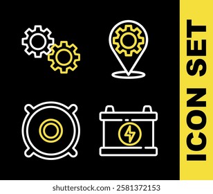 Set line Car service, battery, audio speaker and Gear icon. Vector