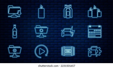 Set line Car service, Calendar, Bottles of wine, FTP sync refresh, folder download, Electric car and Burning candle icon. Vector