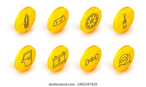 Set line Car service, Chassis car, battery, door, Screwdriver, Alloy wheel, Broken windshield and spark plug icon. Vector