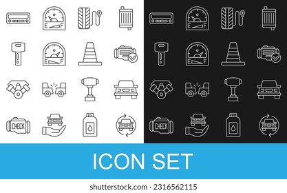 Set line Car service, Check engine, Tire pressure gauge, Motor gas, key with remote, audio and Traffic cone icon. Vector