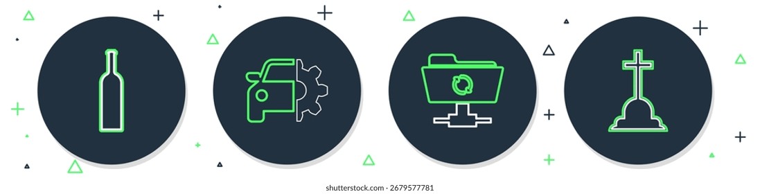 Set line Car service, FTP sync refresh, Bottle of wine and Tombstone with cross icon. Vector