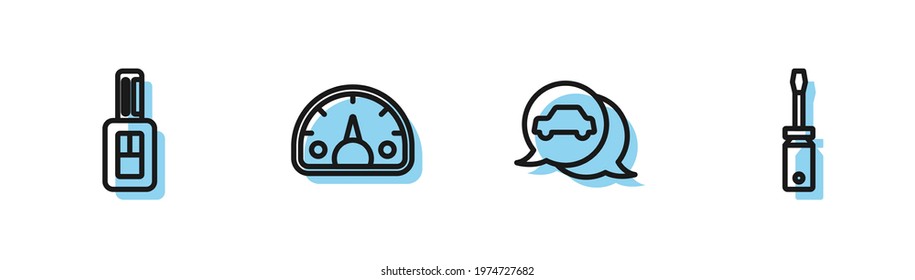 Set line Car service, key with remote, Speedometer and Screwdriver icon. Vector