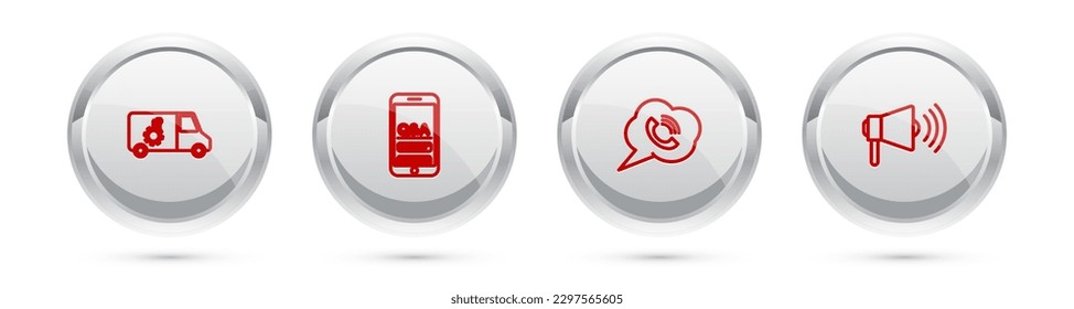 Set line Car service, Mobile Question and Exclamation, Speech bubble with phone call and Megaphone. Silver circle button. Vector