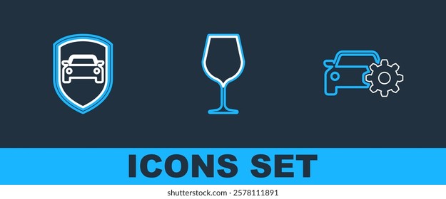 Set line Car service, protection or insurance and Wine glass icon. Vector