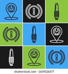 Set line Car service, Car spark plug and Brake system warning icon. Vector