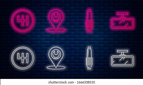 Set line Car service, Car spark plug, Gear shifter and Car mirror. Glowing neon icon on brick wall. Vector