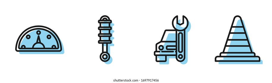 Establecer el servicio de Camión de línea, velocímetro, amortiguador de choques e icono del cono de tráfico. Vector