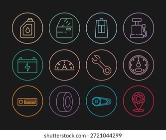 Set line Servicio de coche, velocímetro, llave con mando a distancia, batería, bote para aceite de motor, llave e icono de puerta. Vector