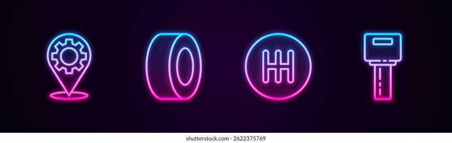 Set line Car service, tire, Gear shifter and key with remote. Glowing neon icon. Vector