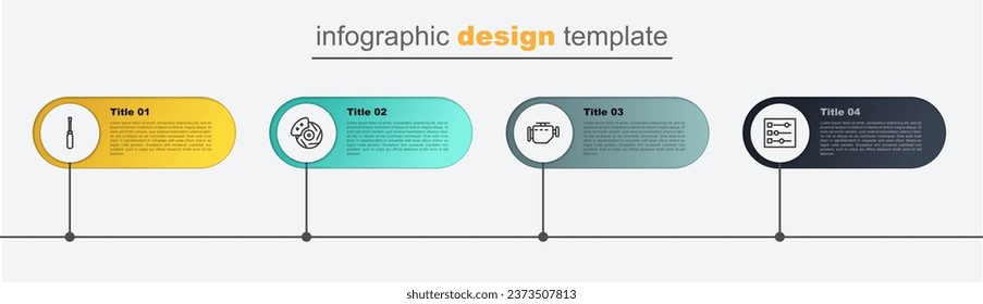 Set line Car settings, Check engine, brake disk with caliper and Screwdriver. Business infographic template. Vector