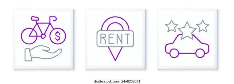 Set line Car sharing, Bicycle rental mobile app and Location key icon. Vector