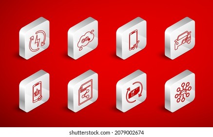 Set line Car sharing, CO2 emissions cloud, Flight mode the mobile, Refund money, Recharging, Share file and  icon. Vector