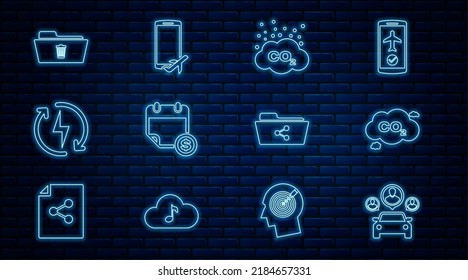 Set line Car sharing, CO2 emissions cloud, Financial calendar, Recharging, Delete folder, Share and Flight mode the mobile icon. Vector