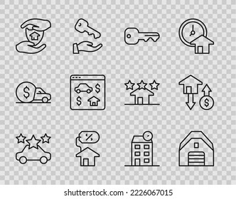 Set line Car sharing, Garage, House key, with percant, shield, Online real estate,  and dollar icon. Vector