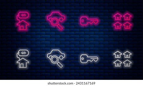 Establecer la línea de coche compartido, llave de la casa, con el dólar y bienes raíces. Icono de neón brillante en la pared de ladrillo. Vector