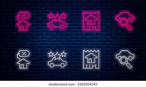 Set line Car sharing, House, with percant and . Glowing neon icon on brick wall. Vector