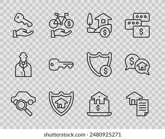 Set line Car sharing, House contract, with dollar, shield, key, Online real estate and Price negotiation icon. Vector