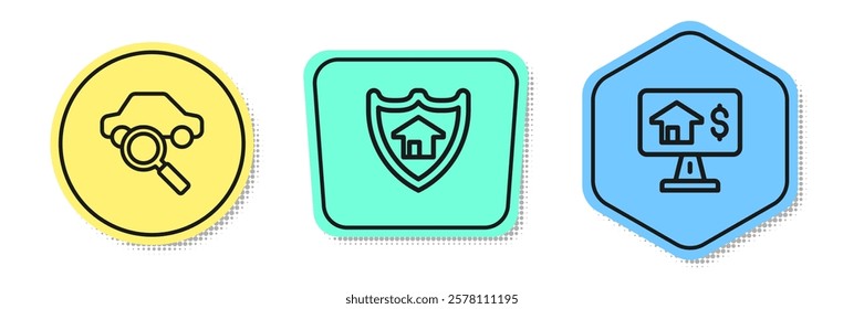 Set line Car sharing, House with shield and Online real estate. Colored shapes. Vector