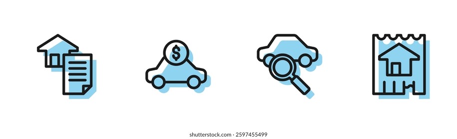 Set line Car sharing, House contract, rental and  icon. Vector