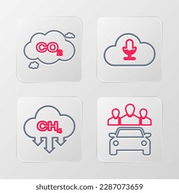 Fijar línea Compartir coche, reducir las emisiones de metano, servicio de streaming de música e icono de nube de CO2. Vector