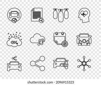 Establezca la línea Compartir coches, Red, Bombas de aviación, Compartir, Servicio de streaming de música e icono. Vector