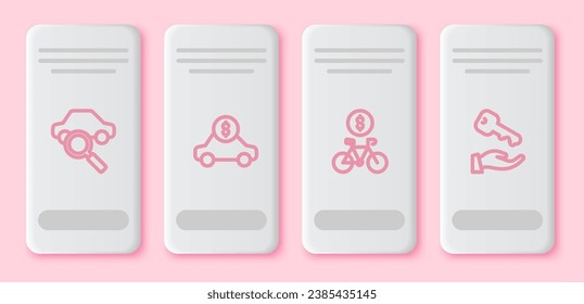 Set line Car sharing, rental, Bicycle mobile app and House key. White rectangle button. Vector