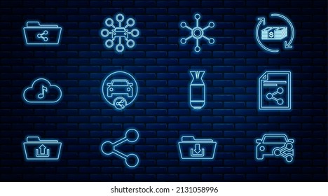Establezca la línea Uso compartido de coches, Archivo compartido, Red, Servicio de streaming de música, carpeta, Bomba de aviación e icono. Vector