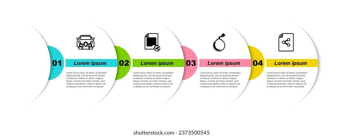 Set line Car sharing, Share file, Bomb ready to explode and . Business infographic template. Vector