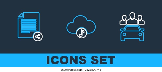 Definir linha Car sharing, Share file e Music streaming service icon. Vetor