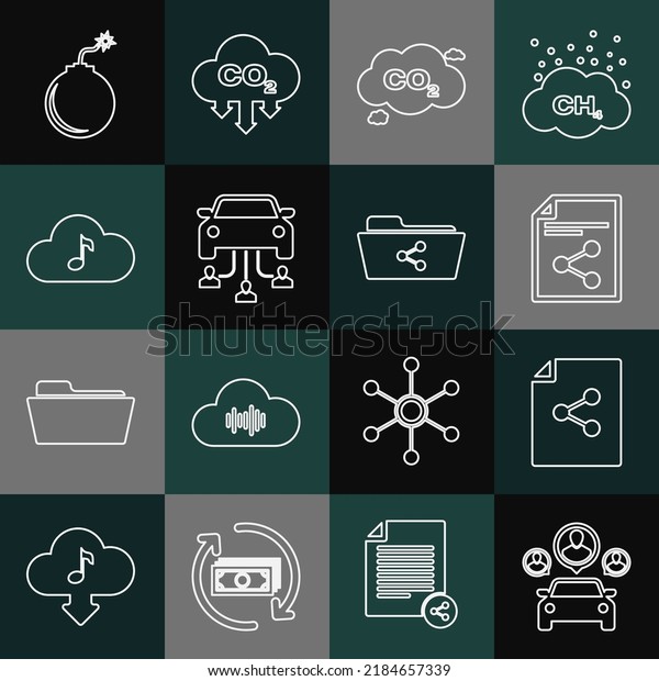 Set line Car sharing, Share file, CO2 emissions\
cloud, Music streaming service, Bomb ready to explode and folder\
icon. Vector