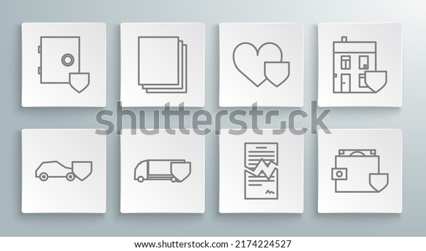 Set line Car with shield, Clean paper, Delivery\
cargo truck, Torn contract, Wallet and money, Heart, House and Safe\
icon. Vector