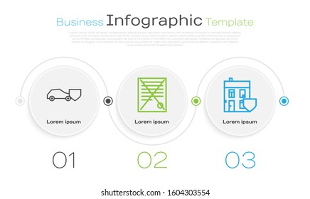 Set line Car with shield, Delete file document and House with shield. Business infographic template. Vector