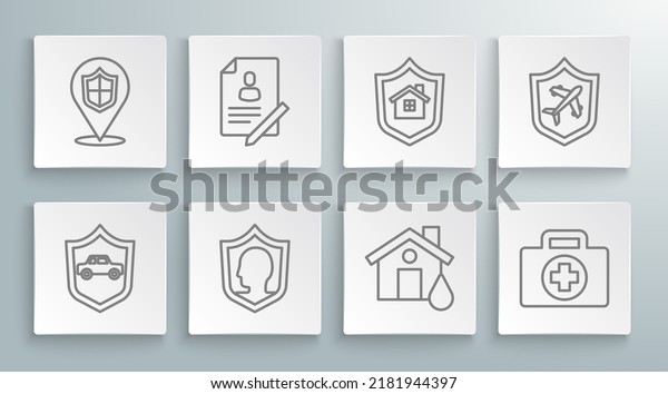 Set line Car\
with shield, Document, Life insurance, House flood, First aid kit,\
Plane and Location icon.\
Vector