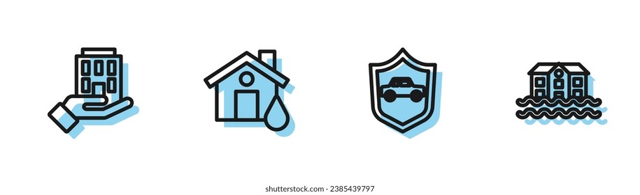 Stell Linie Auto mit Schild, Haus in der Hand, Überschwemmung und Symbol. Vektorgrafik