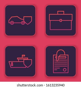 Set line Car with shield, Ship with shield, Briefcase and File document and paper clip. Blue square button. Vector