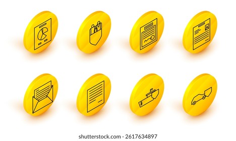 Set line Car with shield, Ship, Document, Mail and e-mail, Personal document, Filled form, Family insurance and graph chart icon. Vector