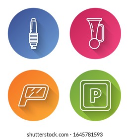 Set line Car spark plug, Signal horn on vehicle, Car mirror and Parking. Color circle button. Vector