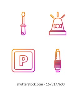 Set line Car spark plug, Parking, Screwdriver and Flasher siren. Gradient color icons. Vector