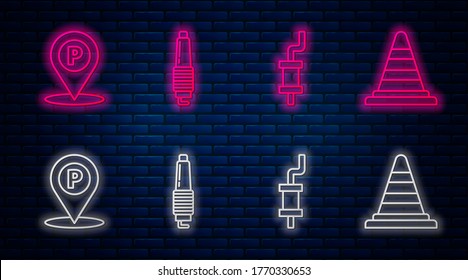 Fijar la línea de la bujía del coche, el silenciador de coches, la ubicación con aparcamiento y el cono de tráfico. Icono de neón brillante en la pared de ladrillo. Vector