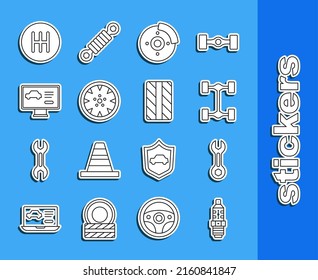 Fije la línea de la bujía del coche, el interruptor de llave, el coche del chasis, el disco de freno con pinza de freno, la rueda de aleación, el estado de diagnóstico de, el selector de marcha y el icono del neumático. Vector