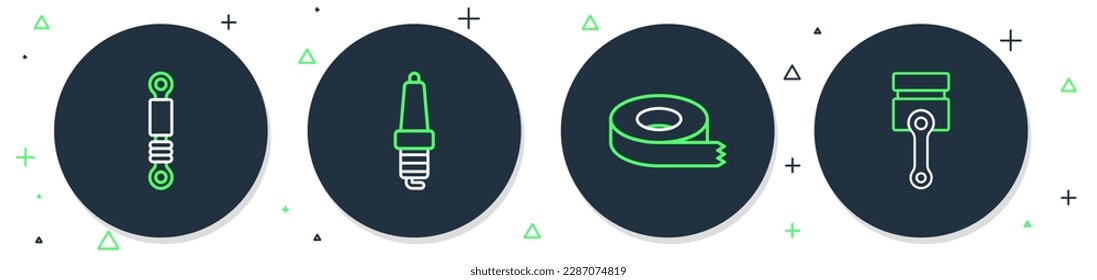 Set Line Automobil Zündkerze, schottisches Band, Shock Absorber und Motor Kolbensymbol. Vektorgrafik