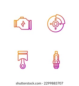 Fije el enchufe de la chispa de coche, el pistón del motor, Compruebe el motor y el disco de freno con una pinza de freno. Iconos de color de degradado. Vector
