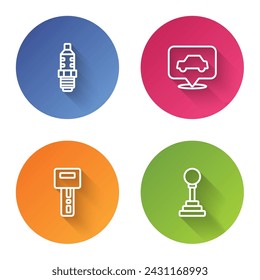 Set line Car spark plug, service, key with remote and Gear shifter. Color circle button. Vector