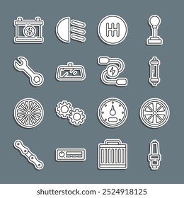Set line Car spark plug, Alloy wheel, Shock absorber, Gear shifter, mirror, Wrench spanner, battery and jumper power cable icon. Vector