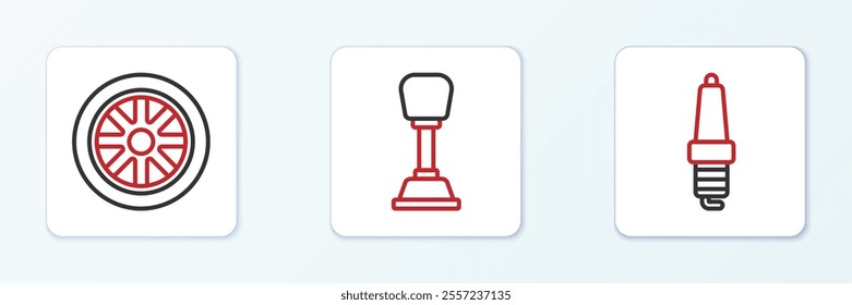 Set line Car spark plug, wheel and Gear shifter icon. Vector