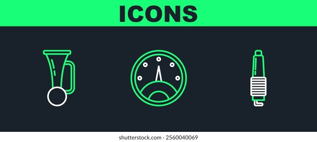 Set line Car spark plug, Signal horn on vehicle and Speedometer icon. Vector
