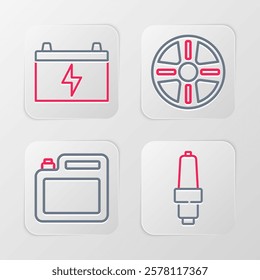 Set line Car spark plug, Canister for motor oil, Alloy wheel and battery icon. Vector