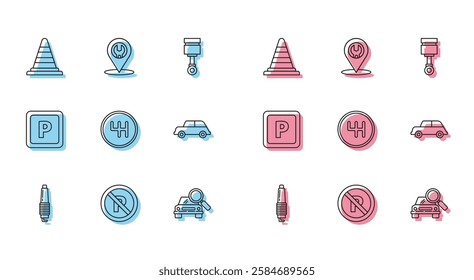 Set line Car spark plug, No Parking or stopping, Traffic cone, search, Gear shifter,  and service icon. Vector